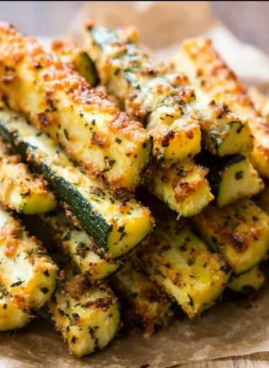 Crispy Baked Parmesan Zucchini Fries on a plate garnished with herbs