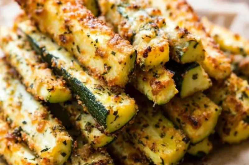 Crispy Baked Parmesan Zucchini Fries on a plate garnished with herbs