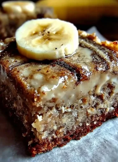 Delicious banana bread brownies served on a plate with a drizzle of chocolate