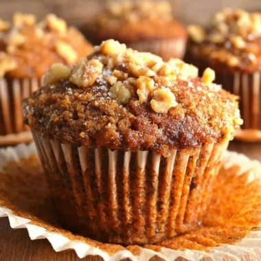 Delicious homemade Banana Nut Muffins on a wooden table