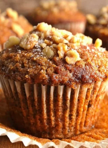Delicious homemade Banana Nut Muffins on a wooden table