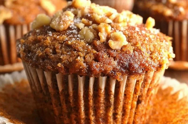 Delicious homemade Banana Nut Muffins on a wooden table