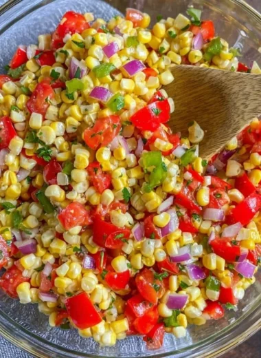 Delicious bowl of summer corn salad with fresh vegetables and herbs