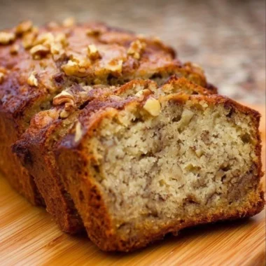 Bourbon Banana Walnut Bread freshly baked with walnuts and ripe bananas