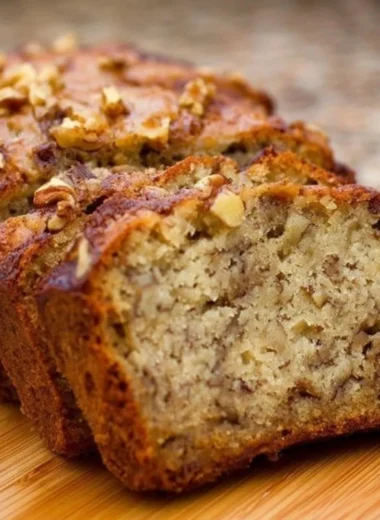 Bourbon Banana Walnut Bread freshly baked with walnuts and ripe bananas
