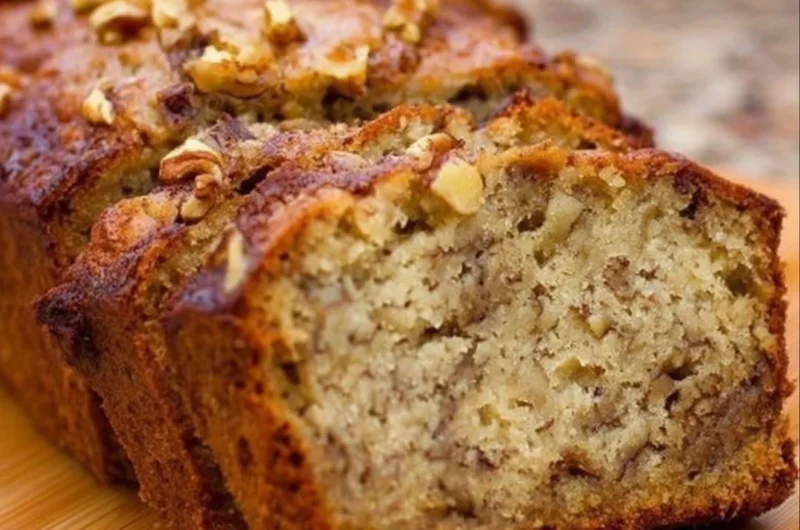 Bourbon Banana Walnut Bread freshly baked with walnuts and ripe bananas
