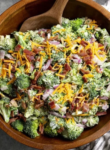 Colorful broccoli salad with vegetables in a bowl