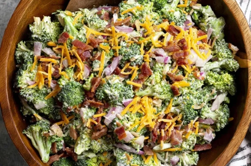 Colorful broccoli salad with vegetables in a bowl