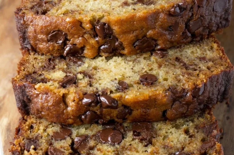 Moist and delicious chocolate chip banana bread sliced on a wooden cutting board.