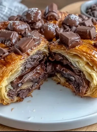 Chocolate croissant bake fresh out of the oven, golden and flaky