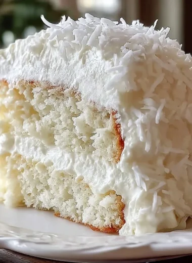 Slice of Coconut Cloud Cake topped with shredded coconut and whipped cream