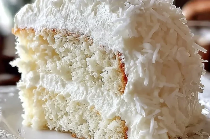 Slice of Coconut Cloud Cake topped with shredded coconut and whipped cream
