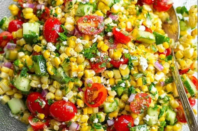 Fresh and colorful corn salad with vegetables and herbs in a bowl.