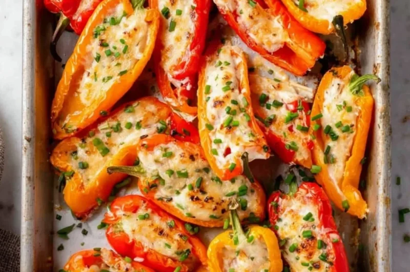 Cream cheese stuffed mini peppers on a platter