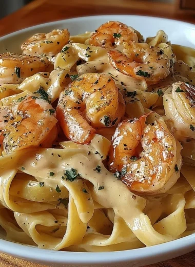 Creamy shrimp fettuccine pasta topped with homemade Alfredo sauce and herbs.