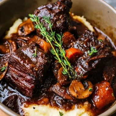 Crockpot beef short ribs served with sides in a rustic setting