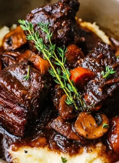 Crockpot beef short ribs served with sides in a rustic setting