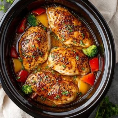 Delicious crockpot creamy garlic parmesan chicken dish served with herbs.