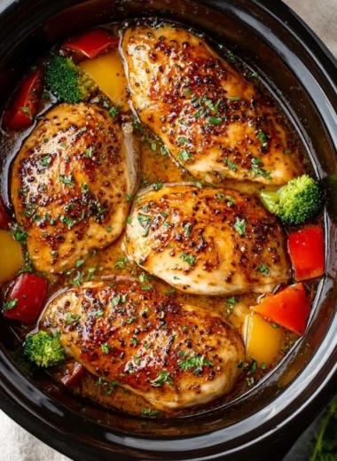 Delicious crockpot creamy garlic parmesan chicken dish served with herbs.