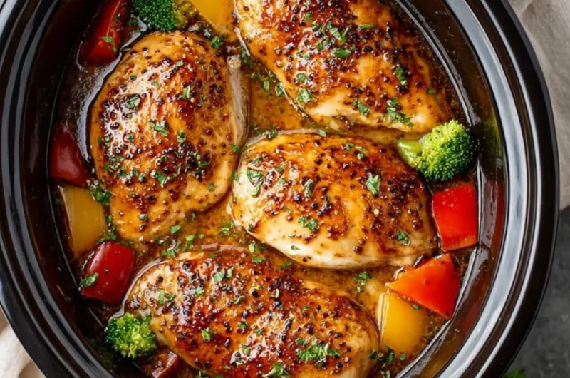 Delicious crockpot creamy garlic parmesan chicken dish served with herbs.