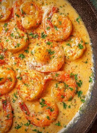 Plate of easy creamy garlic shrimp served with pasta and herbs