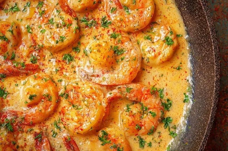 Plate of easy creamy garlic shrimp served with pasta and herbs