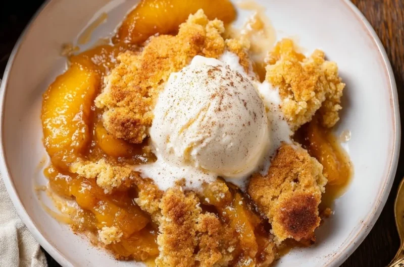 Delicious homemade easy Southern peach cobbler topped with ice cream