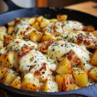 Skillet Garlic Parmesan Chicken with golden potatoes ready to serve