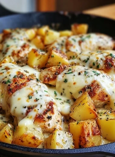 Skillet Garlic Parmesan Chicken with golden potatoes ready to serve