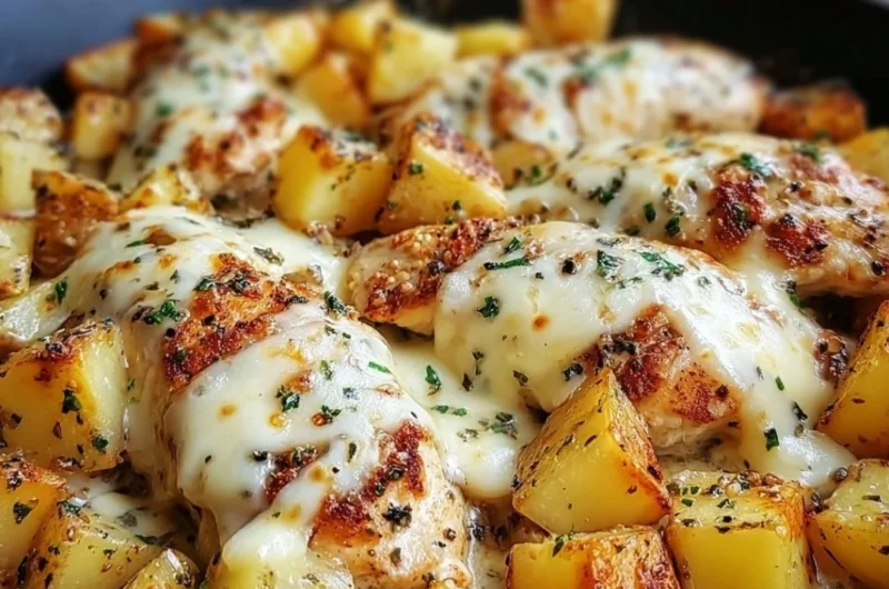 Skillet Garlic Parmesan Chicken with golden potatoes ready to serve