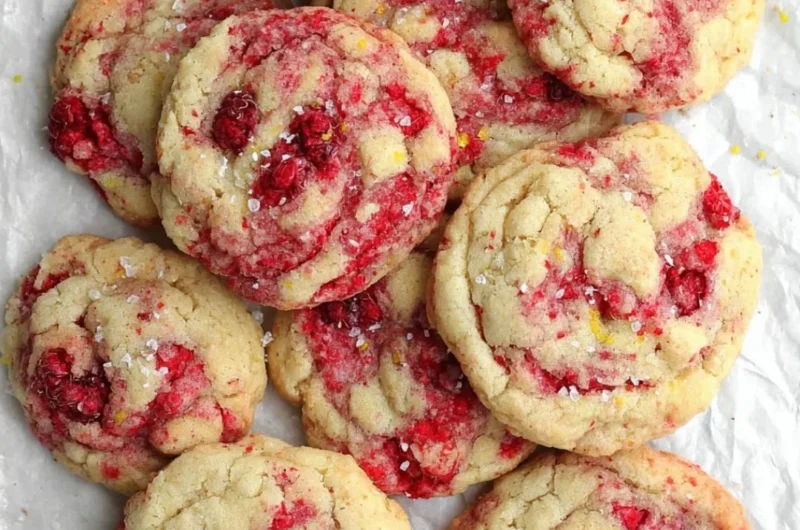Freshly baked lemon raspberry cookies with a zesty flavor and colorful berries.