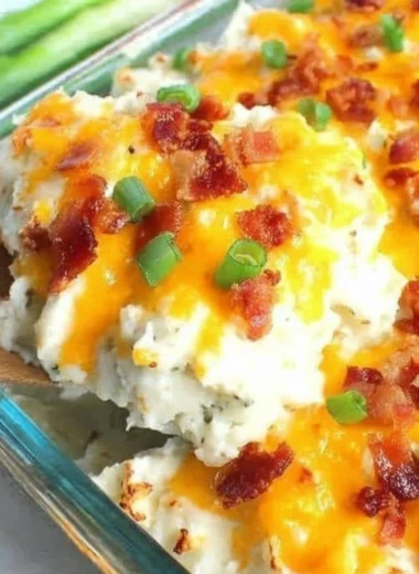 Delicious loaded baked potato casserole topped with cheese and bacon