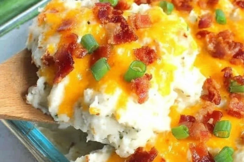 Delicious loaded baked potato casserole topped with cheese and bacon