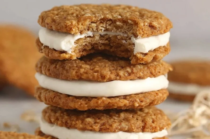 Delicious homemade oatmeal cream pies with creamy filling between soft cookies