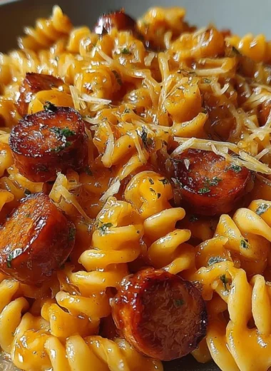 One-Pot Honey BBQ Sausage Pasta dish with colorful ingredients