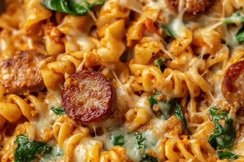 One Pot Cheesy Sausage Pasta served in a bowl with herbs on top.