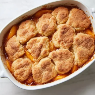Delicious homemade Peach Cobbler with golden crust and juicy peaches