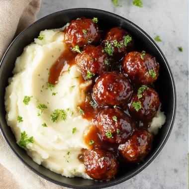 Slow cooker bourbon meatballs simmering in a rich sauce