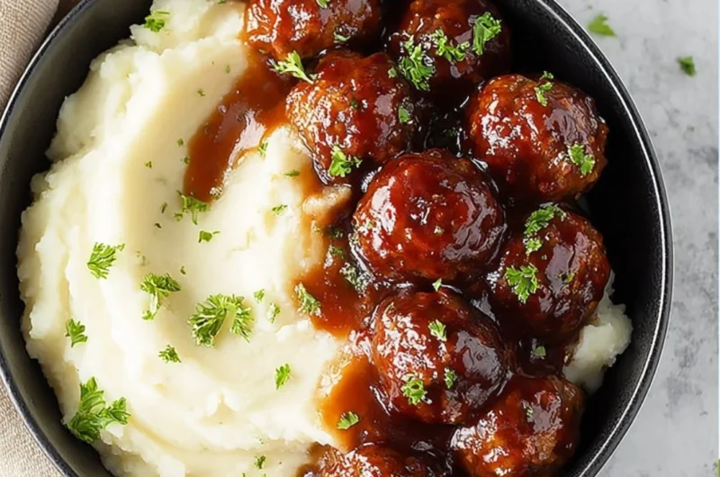 Slow cooker bourbon meatballs simmering in a rich sauce