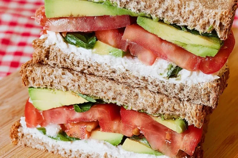 Delicious Tomato Avocado Sandwich on whole grain bread with fresh vegetables.