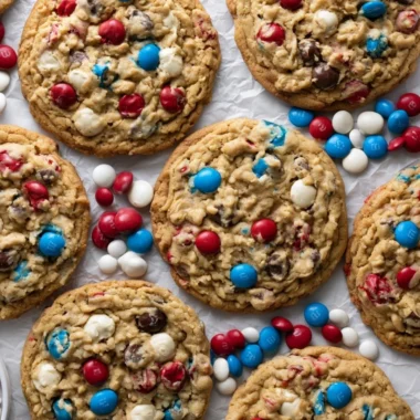 Delicious 4th of July Monster Cookies topped with festive sprinkles and candies.