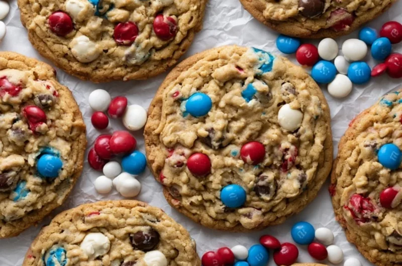 Delicious 4th of July Monster Cookies topped with festive sprinkles and candies.