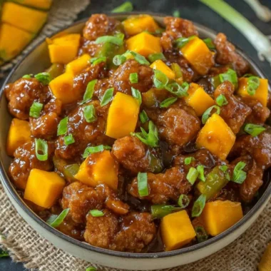 Delicious Asian Mango Chicken dish with tender chicken and sweet mango slices.