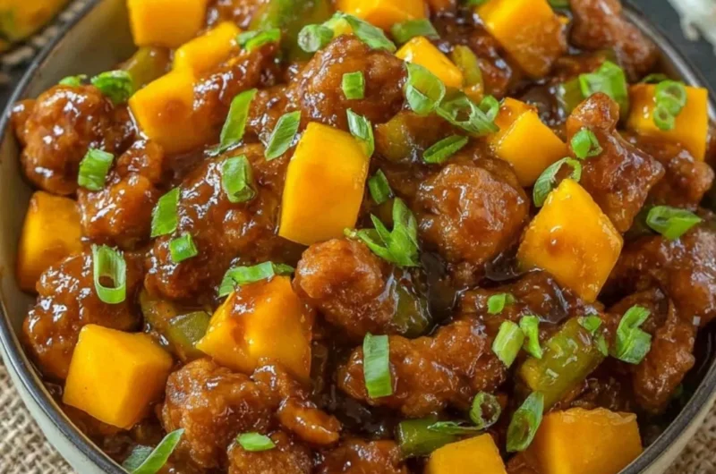 Delicious Asian Mango Chicken dish with tender chicken and sweet mango slices.