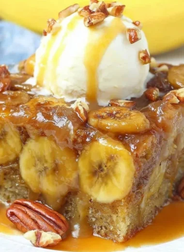 Delicious Banana Upside Down Cake topped with caramelized bananas
