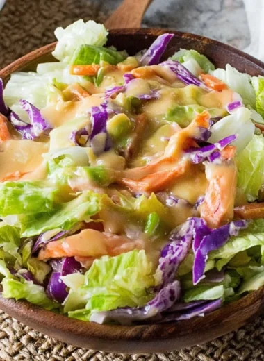 Homemade Benihana Ginger Salad Dressing on a fresh salad