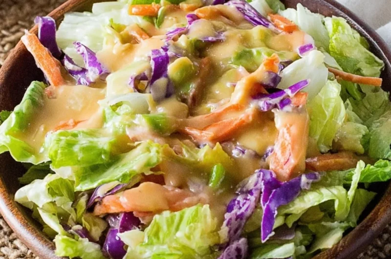 Homemade Benihana Ginger Salad Dressing on a fresh salad