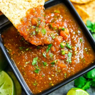 Freshly made Blender Salsa in a bowl with ingredients around it.