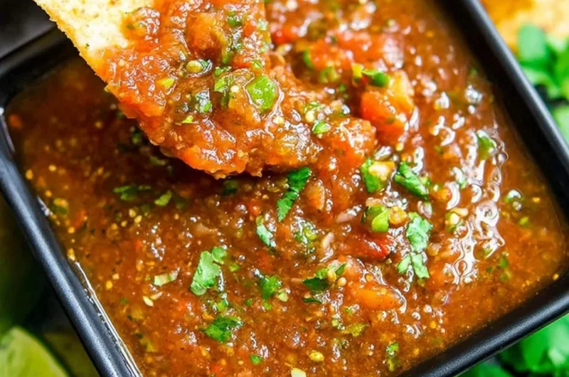 Freshly made Blender Salsa in a bowl with ingredients around it.