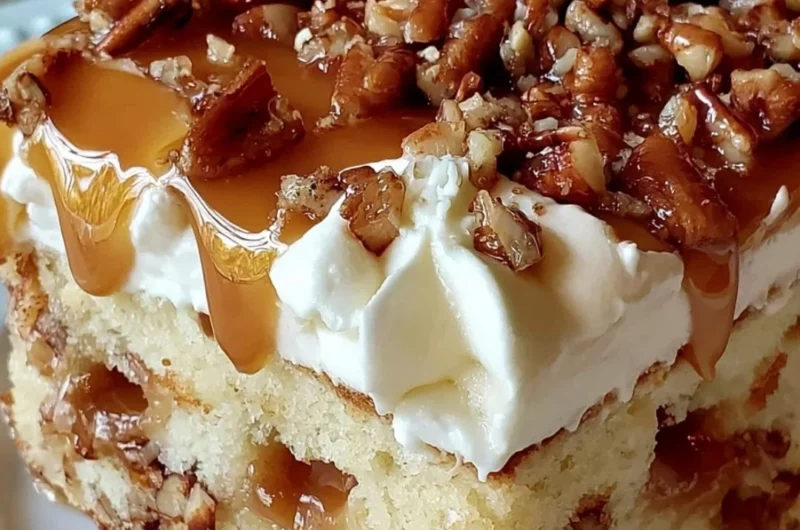 Delicious Butter Pecan Praline Cake with caramel and pecans topping